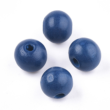 Painted Natural Wood Beads, Round, Marine Blue, 10x8.5~9mm, Hole: 2~3mm