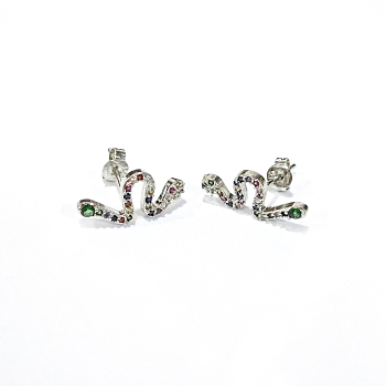 Brass Micro Pave Cubic Zirconia Stud Crawler Earrings, Climber Earrings, with Brass Ear Nuts, Snake, Colorful, Platinum, 17~17.5x8mm, Pin: 0.7mm