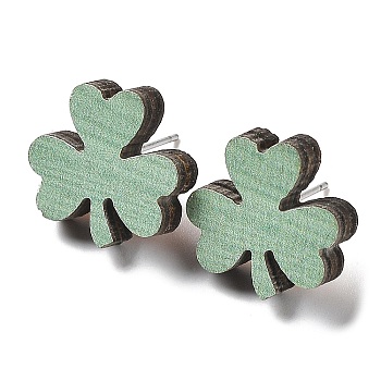 Printing Wood Stud Earrings for Women, with 316 Stainless Steel Pins, Clover, Medium Aquamarine, 16x16.5mm