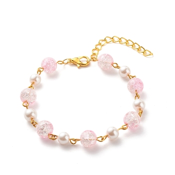 Bling Glass & Imitation Pearl Round Beaded Bracelet for Women, Pink, 7-3/8 inch(18.8cm)