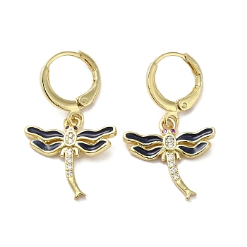 Dragonfly Real 18K Gold Plated Brass Dangle Leverback Earrings, with Enamel and Cubic Zirconia, Black, 30x17.5mm