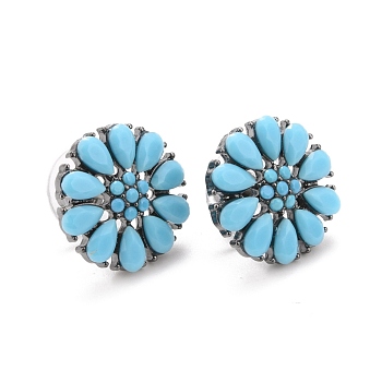 Bohemian Synthetic Turquoise Flower Stud Earrings, Alloy Jewelry for Women, Gunmetal, Turquoise, 16x3.5mm, Pin: 0.6mm.