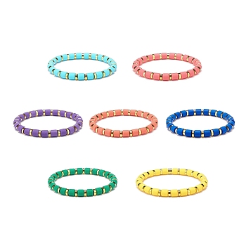 7Pcs 7 Colors Column Polymer Clay Stretch Beaded Bracelets, with Golden Plated Brass Beads, Mixed Color, Inner Diameter: 2-1/8 inch(5.5cm), 1pc/color