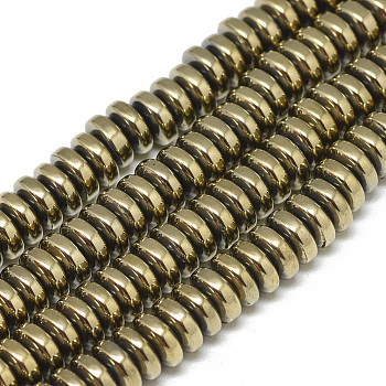 Electroplate Non-magnetic Synthetic Hematite Beads Strands, Heishi Beads, Disc/Flat Round, Light Gold Plated, 6x2.5mm, Hole: 2mm, about 150pcs/strand, 15.7 inch