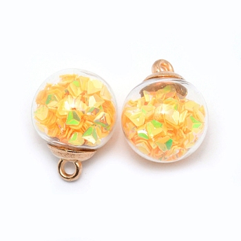 Transparent Glass Globe Pendants, with Glitter Sequins inside and CCB Pendant Bails, Round, Yellow, 20.5x16mm, Hole: 2.5mm