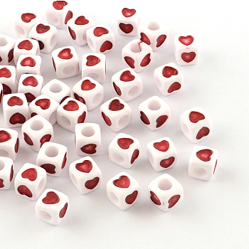Opaque Acrylic European Beads, Large Hole Cube Beads, with Heart Pattern, Red, 7x7x7mm, Hole: 4mm