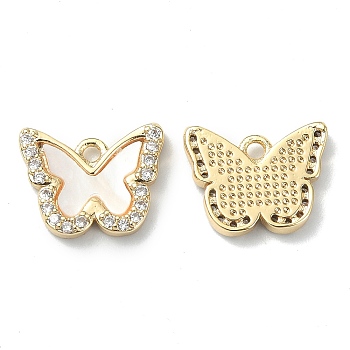Brass Micro Pave Cubic Zirconia Charms, with Shell, Butterfly Charm, Real 18K Gold Plated, 10x12x2mm, Hole: 1.5mm