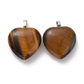 Natural Tiger Eye Pendants, Heart Charms, with Rack Plating Platinum Tone Brass Snap on Bails, 32~33x30~31x12~13mm, Hole: 5x8mm