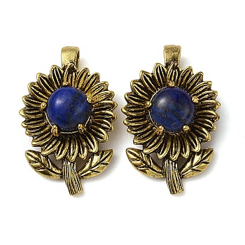 Natural Lapis Lazuli Pendants, Rack Plating Antique Golden Tone Brass Flower Charms, Cadmium Free & Lead Free, 34x22x15mm, Hole: 8x4.5mm