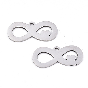 201 Stainless Steel Pendants, Laser Cut, Infinity with Heart, Stainless Steel Color, 9.5x22.5x0.9mm, Hole: 1.6mm