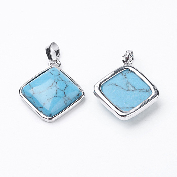 Synthetic Turquoise Pendants, with Brass Findings, Rhombus, Platinum, 25x29x7mm, Hole: 5x7mm, 18x18mm