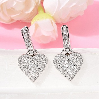 Brass Micro Pave Cubic Zirconia Hoop Dangle Earrings, Heart, Rack Plating, Long-Lasting Plated, Cadmium Free & Lead Free, Platinum, Clear, 32x16.5mm