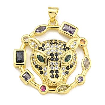 Brass Micro Pave Cubic Zirconia Pendants, Leopard Head with Ring Charms, Real 18K Gold Plated, 31x29.5x5.5mm, Hole: 4.5x3mm
