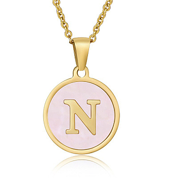 Natural Shell Initial Letter Pendant Necklace, with Golden Stainless Steel Cable Chains, Letter N, 17.72 inch(45cm)
