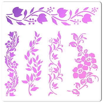 PET Plastic Hollow Out Drawing Painting Stencils Templates, Square, Creamy White, Floral Pattern, 300x300mm