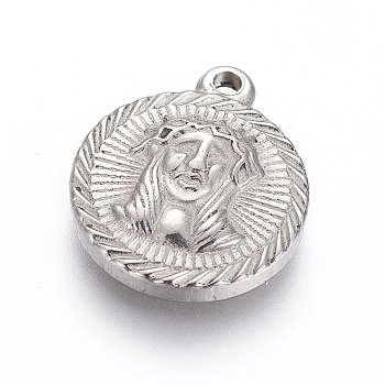 304 Stainless Steel Pendants, Flat Round with Jesus, For Easter, Stainless Steel Color, 18~18.2x15~15.2x3~3.1mm, Hole: 1.6~1.8mm