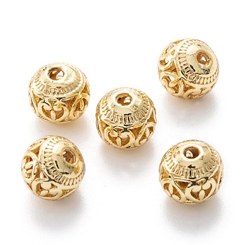 Alloy Hollow Beads, Round with Heart, Cadmium Free & Lead Free, Real 18K Gold Plated, 8x7~8mm, Hole: 1.5~2mm