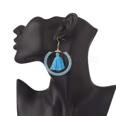 Glass Seed Braided Ring & Polycotton Tassel Dangle Earrings(EJEW-MZ00051)-3