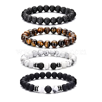 4Pcs Natural Lava Rock & Tiger Eye & Howlite Beaded Stretch Bracelets for Women Men, Round, with Synthetic Non-magnetic Hematite, Inner Diameter: 3-1/8 inch(8cm)~4 inch(10cm)(QY3099)