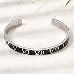 304 Stainless Steel Black Enamel Roman Numerals Open Cuff Bangles for Women, Stainless Steel Color, Inner Diameter: 2.52 inch(6.4cm)(SA-CBAC920-14P)