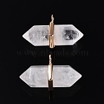 Natural Quartz Crystal Double Terminal Pointed Pendants, Rock Crystal Faceted Bullet Shaped Charms with Alloy Findings, Golden, 20~21x34.5~36x17~18mm, Hole: 3mm(G-N345-09A)