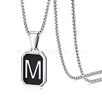 304 Stainless Steel Black Enamel Rectangle with Initial Pendant Box Chain Necklaces, Stainless Steel Color, Letter M, 23.62 inch(60cm)(WG7737E-20)