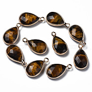 Natural Tiger Eye Pendants, Faceted, with Golden Plated Brass Edge and Loop, Teardrop, 16.5x9x4.5mm, Hole: 1.6mm(G-Q998-033C)
