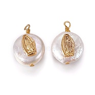 Natural Cultured Freshwater Pearl Pendants, with Golden Plated Brass Findings, Flat Round with Virgin Mary, White, Golden, 17~23x12~14mm, Hole: 1.6mm(PEAR-I005-04)