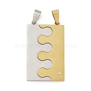 201 Stainless Steel Split Pendants, Couple Pendants, with Rhinestone, Rectangle, Golden & Stainless Steel Color, Finished Product: 41x25x1.5mm, Hole: 8x4mm(STAS-D190-13GP)