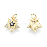 Brass Micro Pave Clear Cubic Zirconia Charms, with Enamel and Jump Rings, Real 18K Gold Plated, Nickel Free, Star with Evil Eye, Black, 13x11.5x2.5mm, Jump Ring: 5mm in diameter, 1mm thick, 3mm thick(KK-N227-107B)