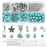 DIY Sea Style Dangle Earring Making Kit, Include Iron Earring Hooks, Synthetic Turquoise Starfish & Chips & Teardrop Beads, Crab & Dolphin & Mermaid Alloy Pendants, Antique Silver & Platinum(DIY-FS0003-81)