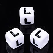 Acrylic Horizontal Hole Letter Beads, Cube, Letter L, White, Size: about 7mm wide, 7mm long, 7mm high, hole: 3.5mm, about 2000pcs/500g(PL37C9129-L)