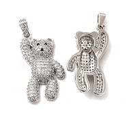 Brass Micro Pave Cubic Zirconia Pendants, Bear Charms, Platinum, 31x16x5.5mm, Hole: 4x2.5mm(KK-A180-18P)