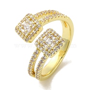 Rack Plating Brass Micro Pave Cubic Zirconia Cuff Rings, Long-Lasting Plated, Lead Free & Cadmium Free, Square, Real 18K Gold Plated, Adjustable(RJEW-H228-12G)