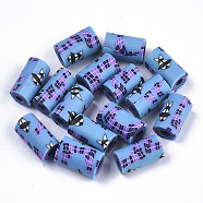 Handmade Polymer Clay Beads, Column with Flower Pattern, Deep Sky Blue, 12x7mm(X-CLAY-N006-36H)