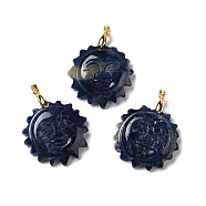 Natural Sodalite Pendants, with Golden Tone Brass Findings, Lead Free & Cadmium Free, Sun with Smiling Face, 42x34~35x10.5mm, Hole: 3.8x5mm(G-E043-01B-13G)