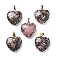 Natural Rhodonite Pendants, with Brass Findings, Heart, 22~23x20x5mm, Hole: 6.5x3.5mm(G-G956-B22-G)