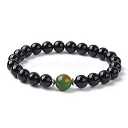 Natural Dyed Peacock Agate & Black Onyx Round Beaded Stretch Bracelets, Inner Diameter: 2-5/8 inch(6.6cm)(BJEW-TA00408)