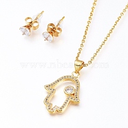 Brass Cubic Zirconia Pendant Necklaces & Stud Earrings Jeweley Sets, with 304 Stainless Steel Cable Chains, Lobster Claw Clasps and Ear Nuts, Hamsa Hand/Hand of Fatima/Hand of Miriam, Clear, Golden, 17.51inches(44.5cm); 5mm; Pin: 0.7mm(SJEW-L154-13G)
