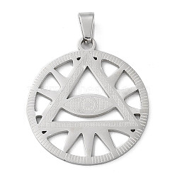 201 Stainless Steel Pendants, Laser Cut, Flat Round with Eye Charm, Stainless Steel Color, 34x30x1.5mm, Hole: 7x5mm(STAS-D041-13P)