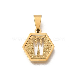 304 Stainless Steel Charms, Real 18K Gold Plated, Hexagon with Letter Charm, Letter W, 15x14x1.5mm, Hole: 3x5.5mm(STAS-H227-01G-W)