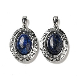Natural Lapis Lazuli Locket Pendants, Platinum Plated Alloy Oval Charms, 33.5x23.5x9~10mm, Hole: 8x4mm(G-C104-04C-P)