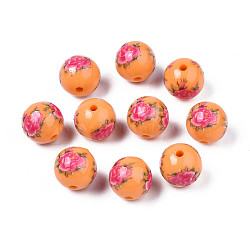 Opaque Printed Acrylic Beads, Round with Flower Pattern, Orange, 9x9.5mm, Hole: 1.8mm(MACR-T043-02F-01)