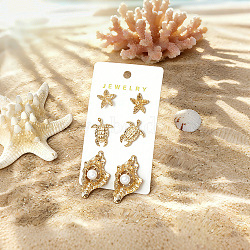 Ocean Alloy Stud Earring Sets, with Plastic Pearl, Golden, 16~38x15~23mm(AL-H003-01E-G)
