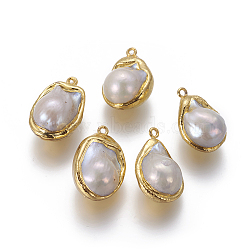 Natural Cultured Freshwater Pearl Pendants, with Golden Plated Brass Findings, Nuggets, Golden, 26~29x16~19x15~16mm, Hole: 1.8mm(PEAR-F011-39G)