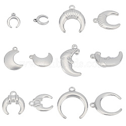Elite 24Pcs 6 Style 304 Stainless Steel Charms, Double Horn/Crescent Moon & Moon, Stainless Steel Color, 9~19.5x8~17x2~3.5mm, Hole: 0.7~1.8mm, 4pcs/style(STAS-PH0001-74)