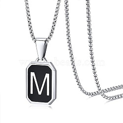 304 Stainless Steel Black Enamel Rectangle with Initial Pendant Box Chain Necklaces, Stainless Steel Color, Letter M, 23.62 inch(60cm)(WG7737E-20)