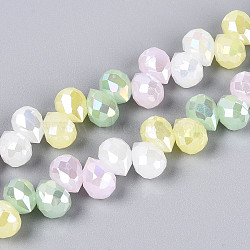 Electroplate Imitation Jade Glass Beads Strands, Teardrop, Top Drilled Beads, Faceted, Mixed Color, 10~11x7.5~8mm, Hole: 0.9~1mm, about 64pcs/strand, 15.55 inch(39.5cm)(EGLA-N025-01B-B01)