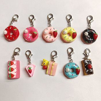 Resin Doughnut & Cake Pendant Decorations, with Zinc Alloy Lobster Claw Clasps, Clip-on Charms, for Keychain, Purse, Backpack Ornament, Stitch Marker, Mixed Color, 37~42mm, 10pcs/set