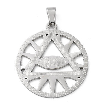 201 Stainless Steel Pendants, Laser Cut, Flat Round with Eye Charm, Stainless Steel Color, 34x30x1.5mm, Hole: 7x5mm